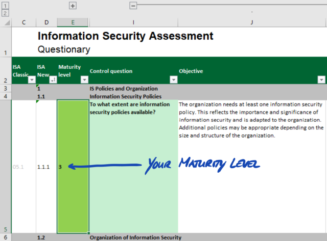 Screenshot: Example of maturity level selection in the ISA document (Excel sheet “Information Security”)